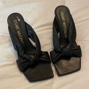 Stuart Weitzman Black leather square toe front knot leather heels